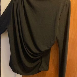 Black, asymmetrically shirred jersey top from Izuria.  Size large.  Long sleeved